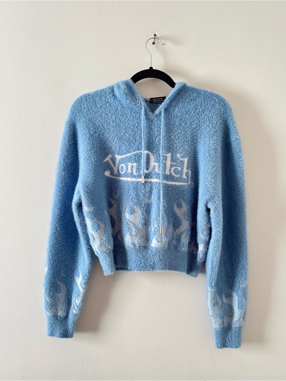 Von Dutch Fuzzy Graphic Pullover Hoodie Hooded Blue Knit Cozy